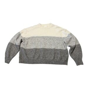 HM Womens Colorblock Knit Sweater Grey Cream Wool Blend Crew Neck Large